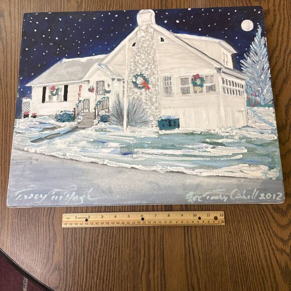 Original Signed Christmas Architecture Painting Snowy Starry Winter Sky - Picture 1 of 10